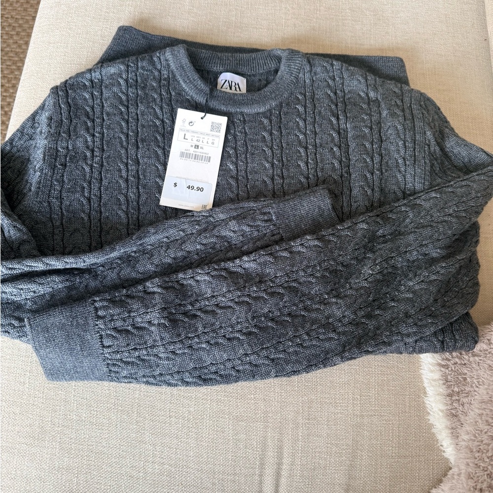 Zara Men's Charcoal Cable Knit Crewneck Sweater